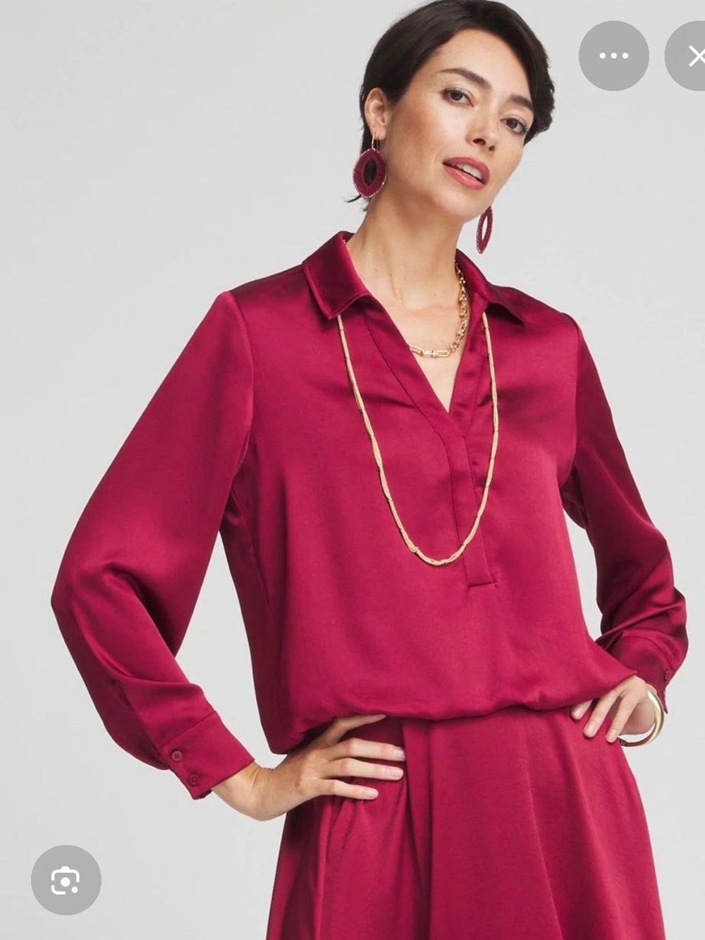 Chico's Satin Bubble Hem Women's Long Sleeve Blouse. Berry Compote